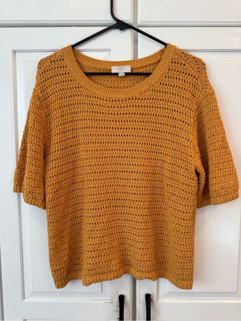 LOFT Mustard Oversized Crochet Knit Short Sleeve Sweater. Size‎ XS